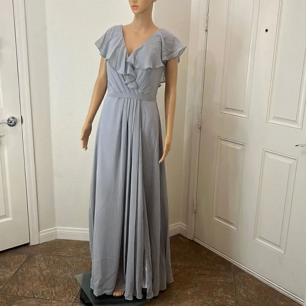 Miaodup Wedding Dress Size 8 V-Neck Ruffle Flutter Sleeve Dusty Blue Maxi New